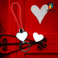 Брелок сердце с красным кожаным плетеным шнурком 2х сторонний + печать фото / картинка / логотип /текст