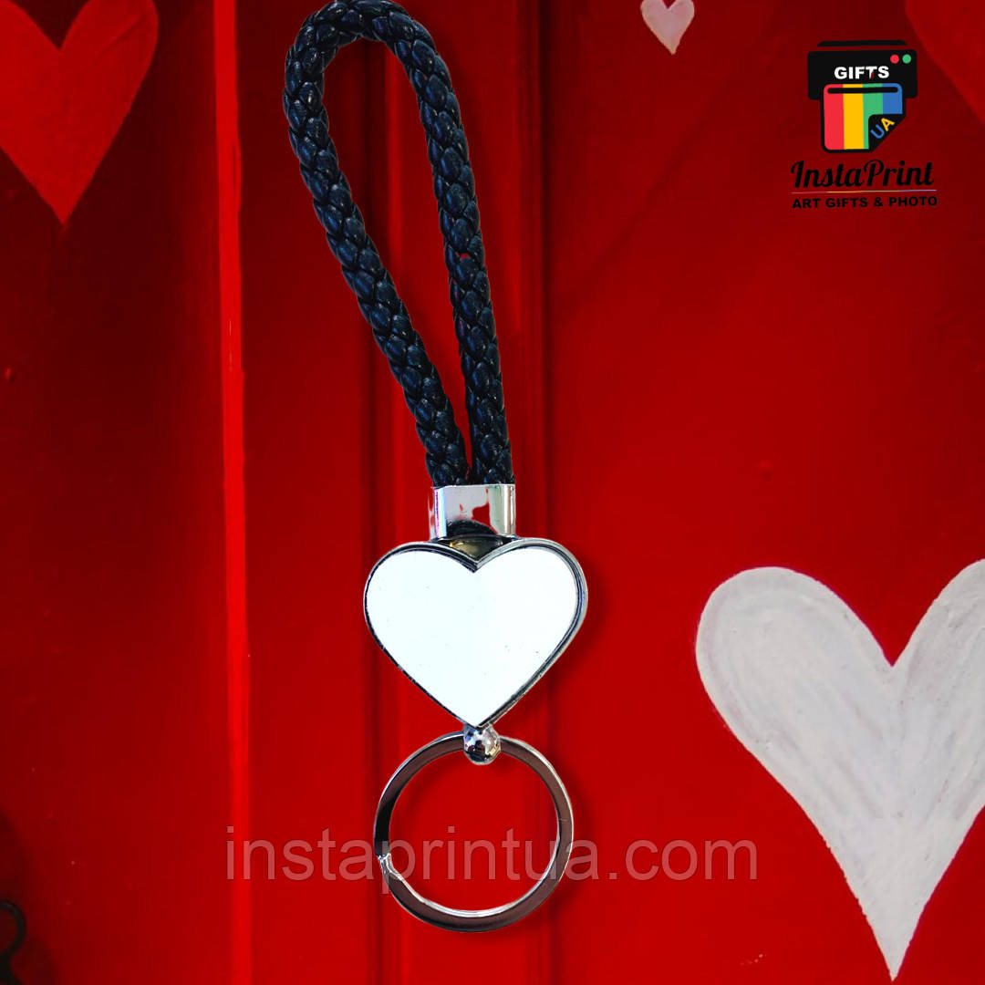 Брелок серце з чорним шкіряним плетеним шнурком 2 сторонніх + друк фото/ картинка/фотфор/текст