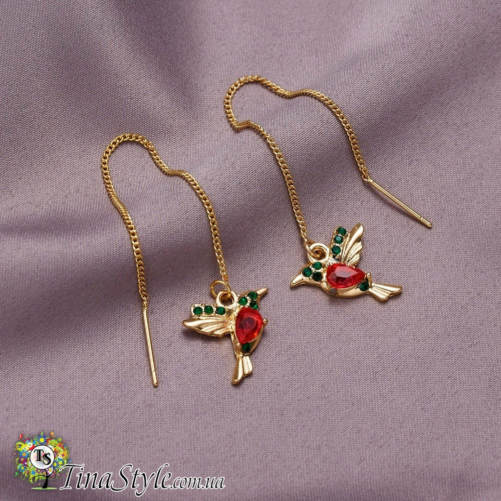 Сережки сережки довгі висячі сережки протяжки пташка колір золото, фото 1