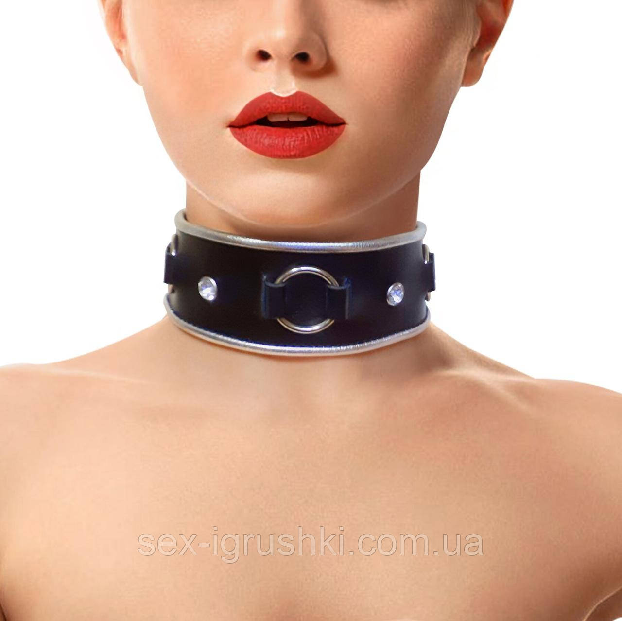 Ошейник из натуральной кожи со стразами и кольцом Art of Sex - Collar Ring SO5179