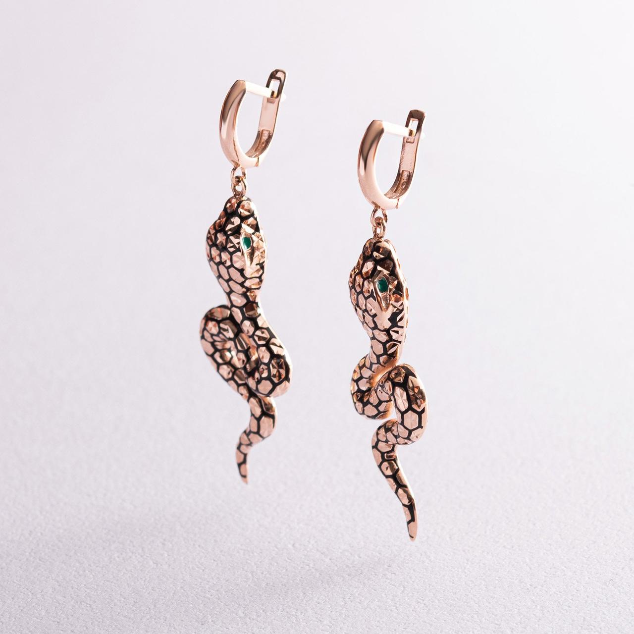 Золотые серьги Змеи эмаль фианиты с07714 Оникс 7.4 г Зеленый и Черный ...