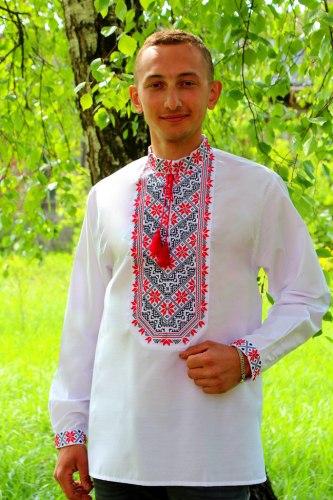Вишиванка чоловіча довгий рукав Микола, біла, на літо, червоний орнамент, 37,38,39,40,41,42,43,44,45,46 р-р