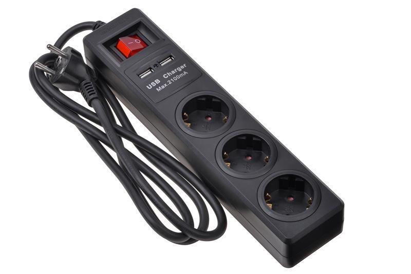 Фільтр живлення 2E (2E-U03ESUM1.8) 3хSchuko, 2хUSB, 1.8 м, чорний
