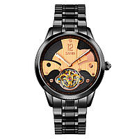 Мужские часы скелетон Skmei 9205 механические (Черные с розовым золотом)