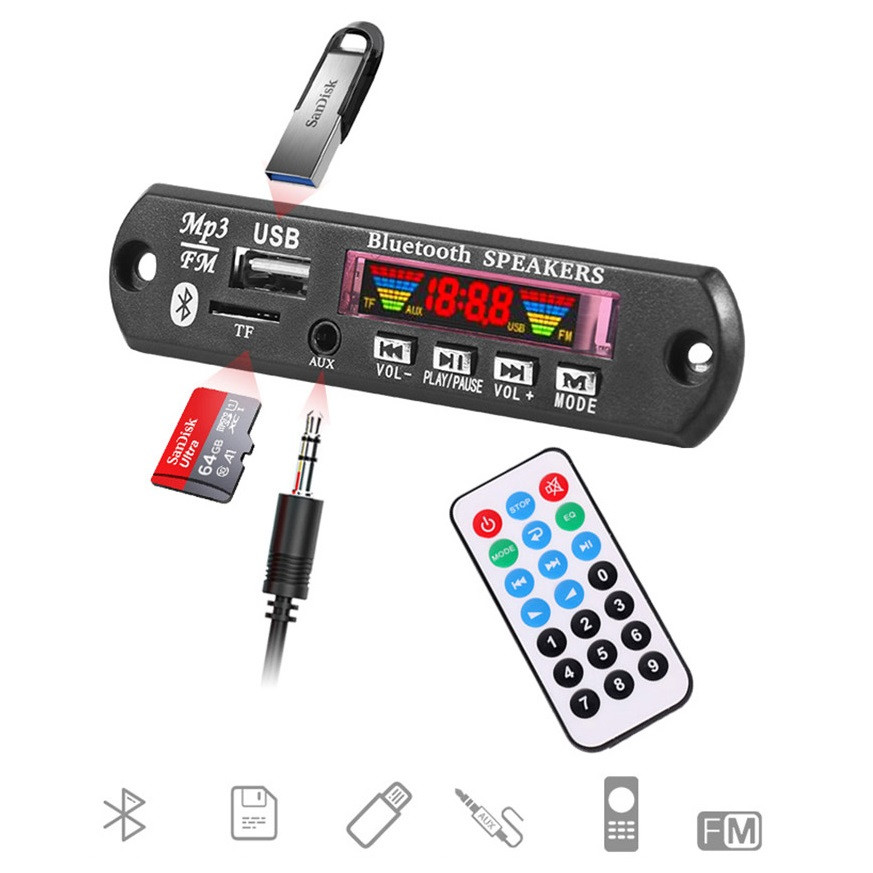 Mp3 модуль з bluetooth 5.1, FM радіо, microSD, USB, мікрофон, чорний колір, фото 1