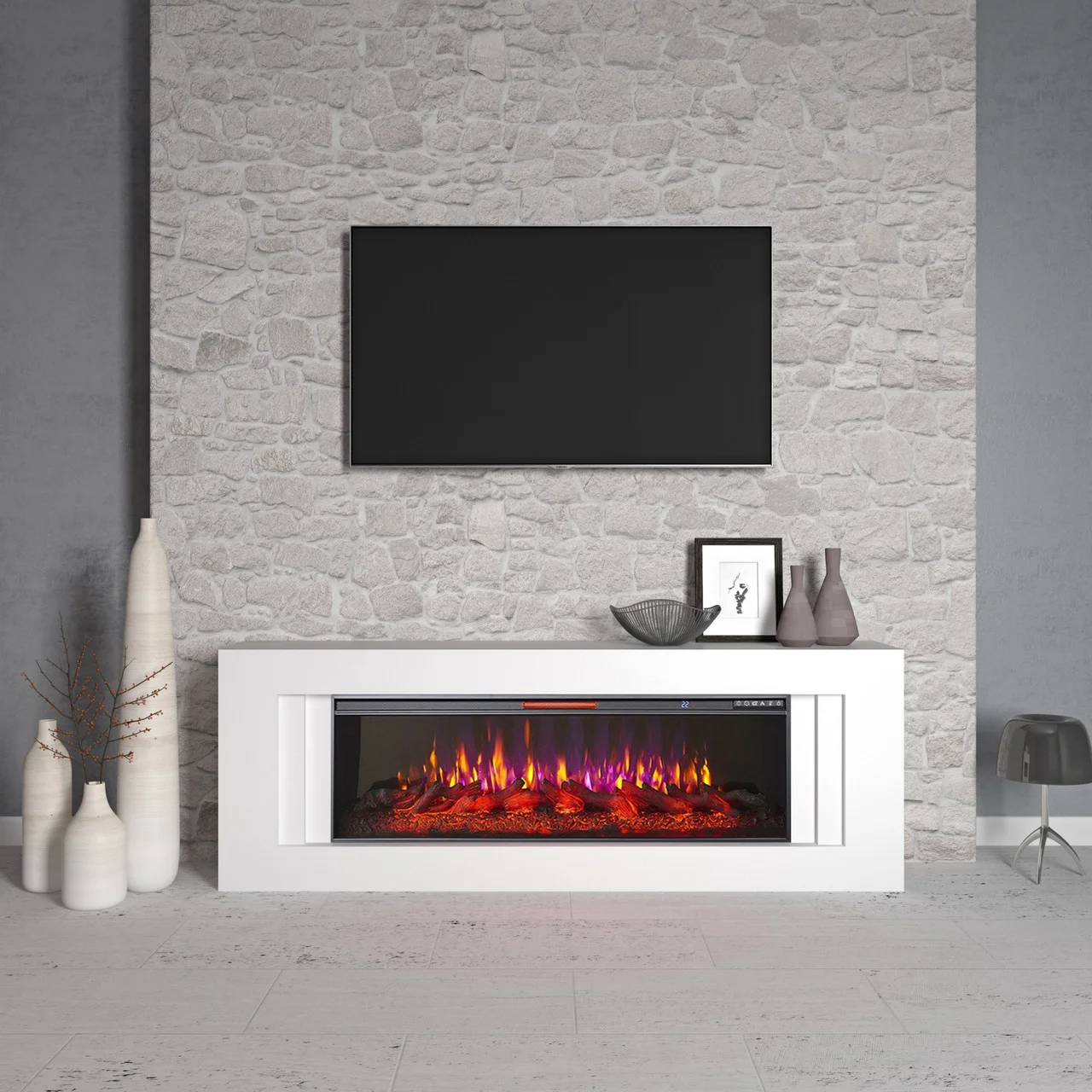 Лінійний камінокомплект ArtiFlame LINE AF50 Білий б'янко з ефектом полум'я зі звуком та обігрівом