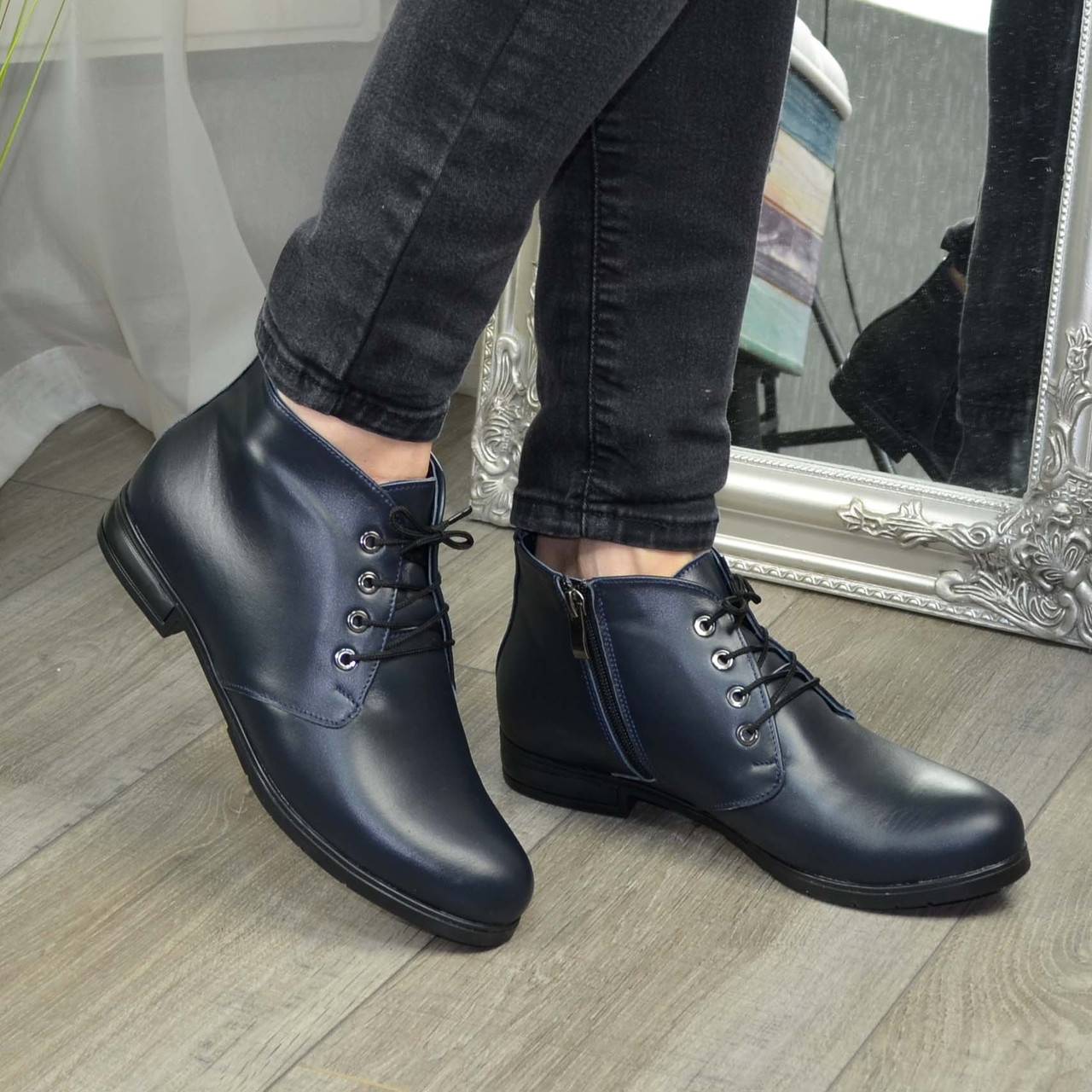Черевики жіночі шкіряні на шнурівці, колір синій, фото 1