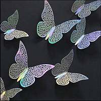 Метелики 3D декоративні на стіну 12 штук сріблясто-перламутровий