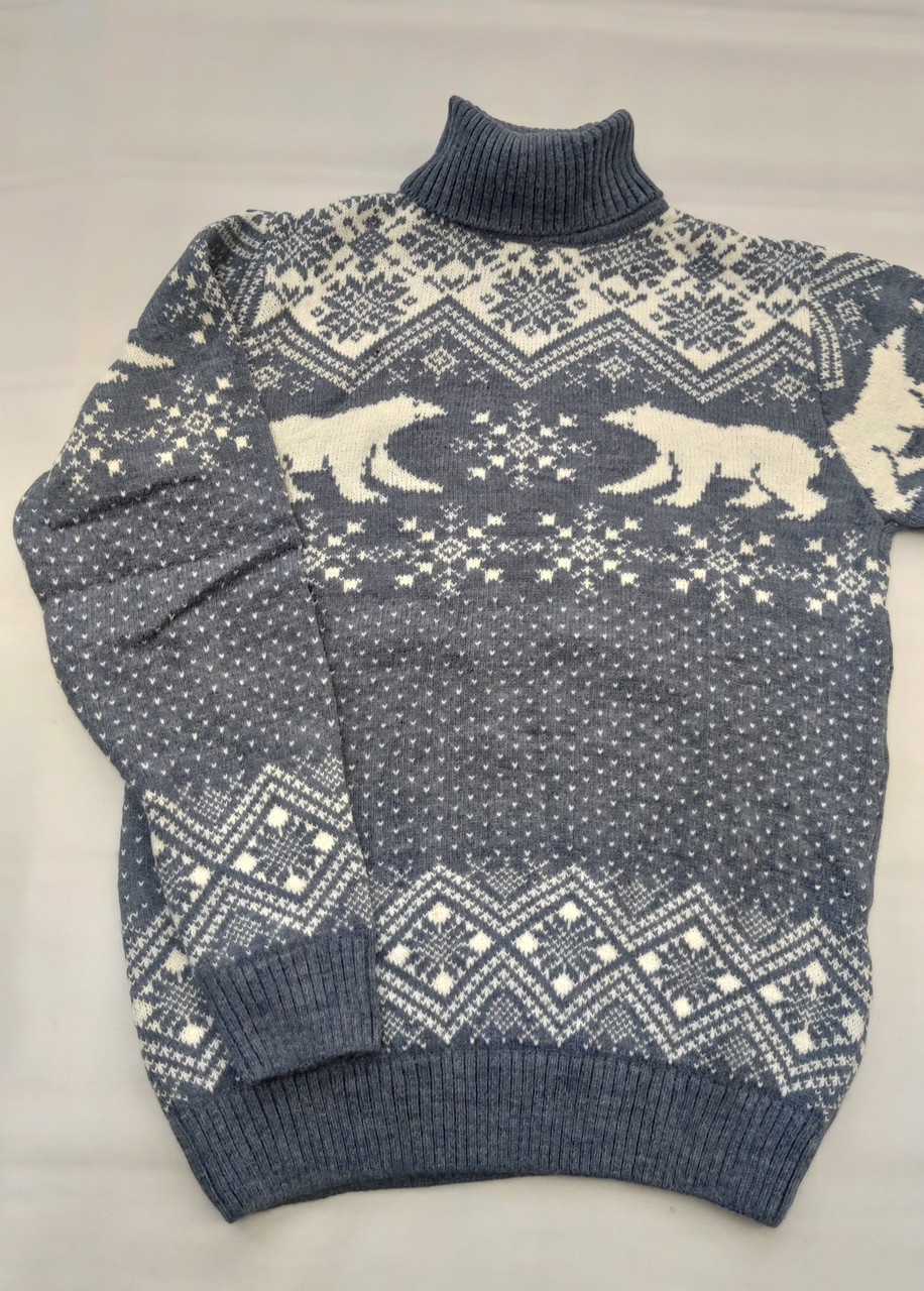 Молодіжний вовняний в'язаний светр ведмеді розміри M, L,XL,XXL індиго, фото 1