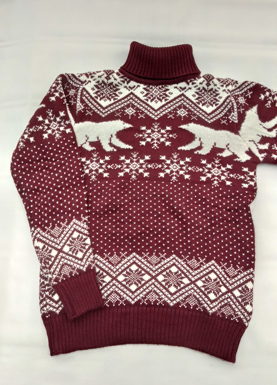 Молодіжний в'язаний светр з ведмедями розміри M,L,XL,XXL бордовий