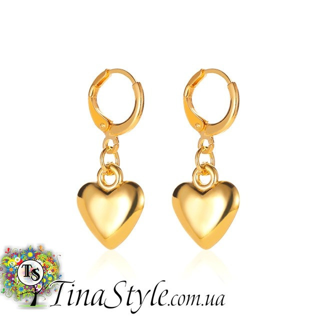 Металеві (акрил) сережки золотого кольору в формі серця об'ємні, фото 1