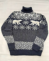 Молодёжный вязаный свитер медведи размеры M,L,XL,XXL синий