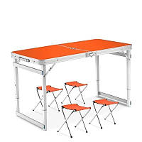 Усиленный стол для пикника раскладной с 4 стульями Оранжевый (складной походный столик для отдыха)