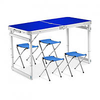 Усиленный стол для пикника раскладной с 4 стульями Синий (складной походный столик для отдыха)