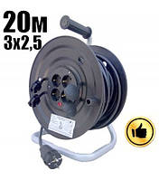 Подовжувач Фенікс PRO 20м 3×2.5 мм, 4 розетки, заземлення, IP44 - професійний силовий кабель на котушці