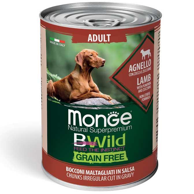 Беззернова консерва для собак MONGE DOG WET BWILD Adult ягня гарбуз цукіні в соусі 400гр