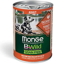Беззернова консерва для собак MONGE DOG WET BWILD Adult індичка гарбуз цукіні в соусі 400гр