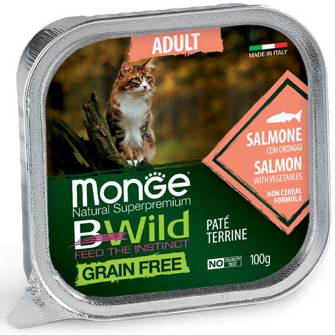 Консерви для дорослих котів всіх порід 100 гр (лосось з овочами) MONGE CAT BWILD GR.FREE Adult WET