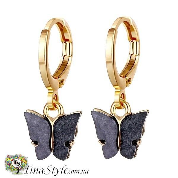 Сережки сережки висячі сережки метелик метелика колір золото чорний, фото 1