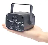 Міні лазерний проектор з вбудованим акумулятором і пультом ДУ диско лазер Party Light 4 кольори стробоскоп USB, фото 7