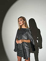 Вечернее платье украшенное переливающимся блестками S M L XL 42 44 46 48 с летящими рукавами серебристое