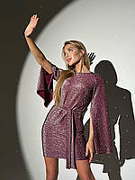 Вечернее платье украшенное переливающимся блестками S M L XL 42 44 46 48 с рукавами розовое