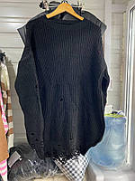 Женский тёплый свитер -туника вязаный S-L (42-46) с вырезами и рваными деталями OVERSIZE ЧЁРНЫЙ