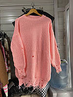 Женский тёплый свитер -туника вязаный S-L (42-46) кофта вырезами и рваными деталями OVERSIZE