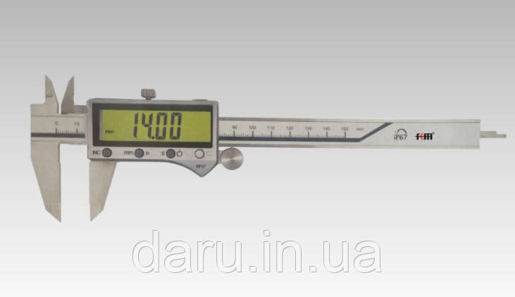 Штангенциркуль цифровий KM-DSKA-150 з бігунком, 0-150/0,01 мм; ±0.02 мм, IP67, металевий корпус, фото 1