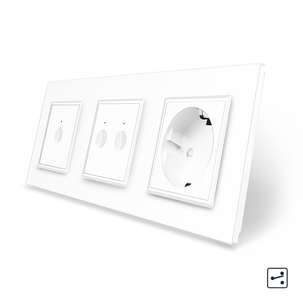 Сенсорний прохідний/перехресний вимикач Sense 3 сенсора (1-2) 1 розетка Livolo білий скло, фото 1