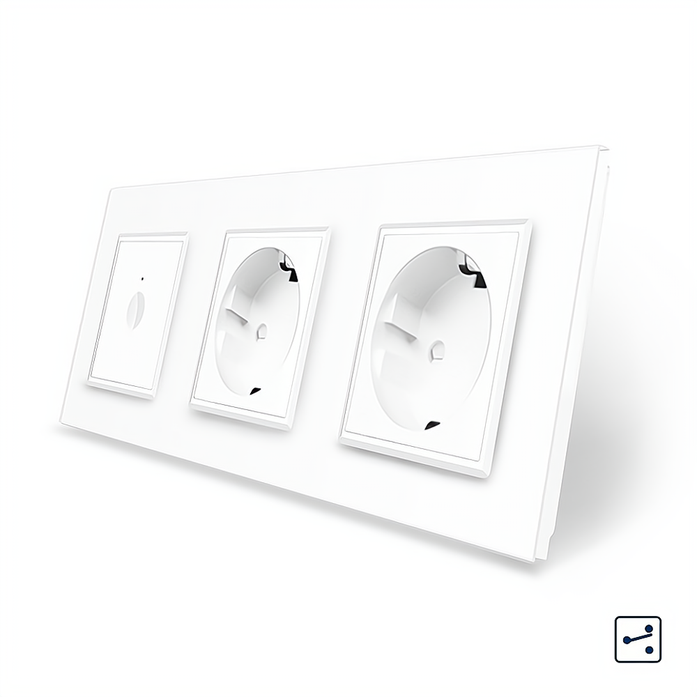 Сенсорний прохідний/перехресний вимикач Sense 1 сенсор 2 розетки Livolo білий скло, фото 1