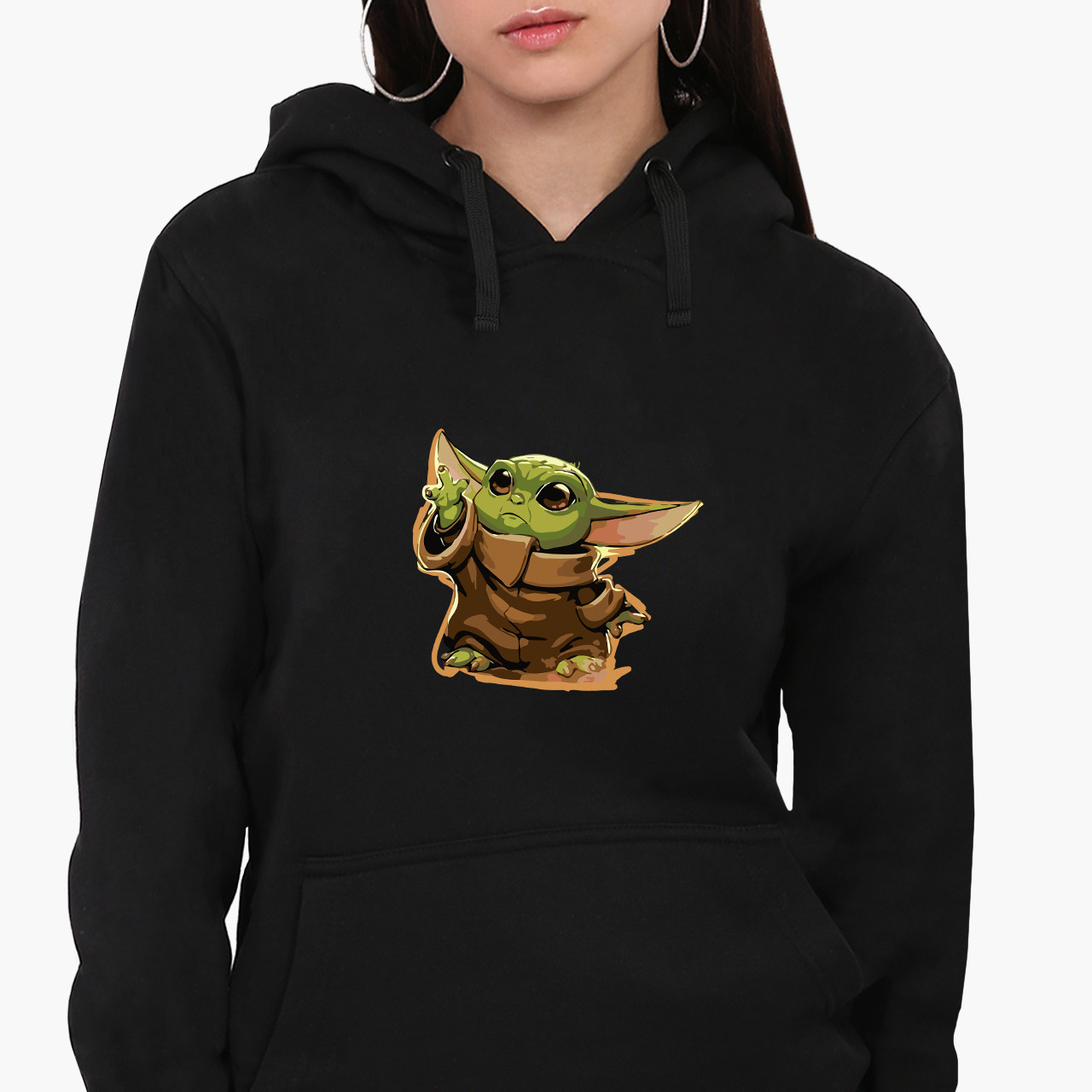 Худі жіночий Грогу Бейбі Йоду (Grogu Baby Yoda The Mandalorian) Кенгуру  Чорний