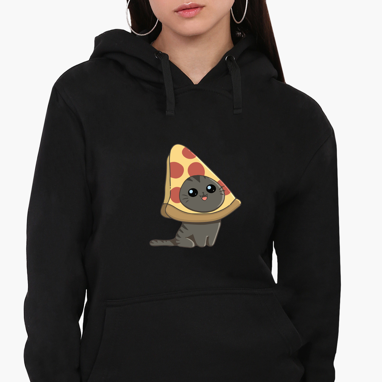 Худі жіночий Піца кіт (Pizzacat) Кенгуру  Чорний