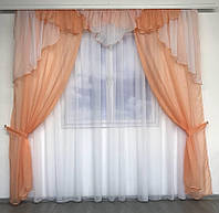 Комплект шторы и ламбрекен шифоновые персикового цвета в спальню, гостинную, зал.