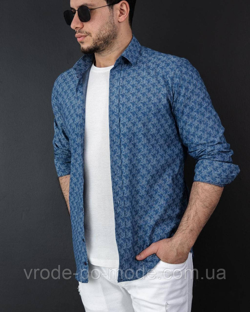 Джинсова блакитна чоловіча сорочка з довгим рукавом і принтом, джинс, фабрична Туреччина, новинка 2025 року