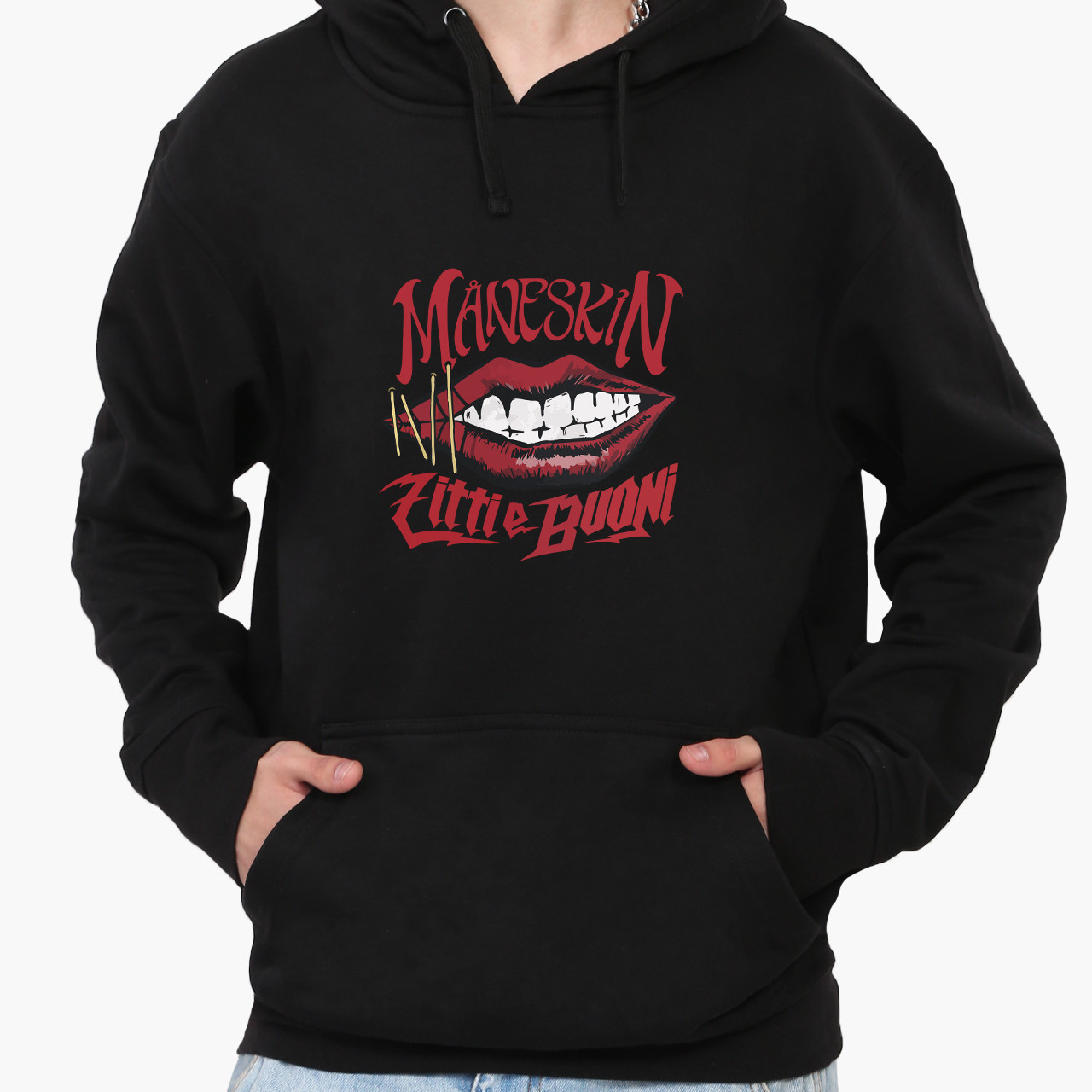 Худі чоловічий Манескин (Maneskin Zitti-e-buoni) Кенгуру Чорний