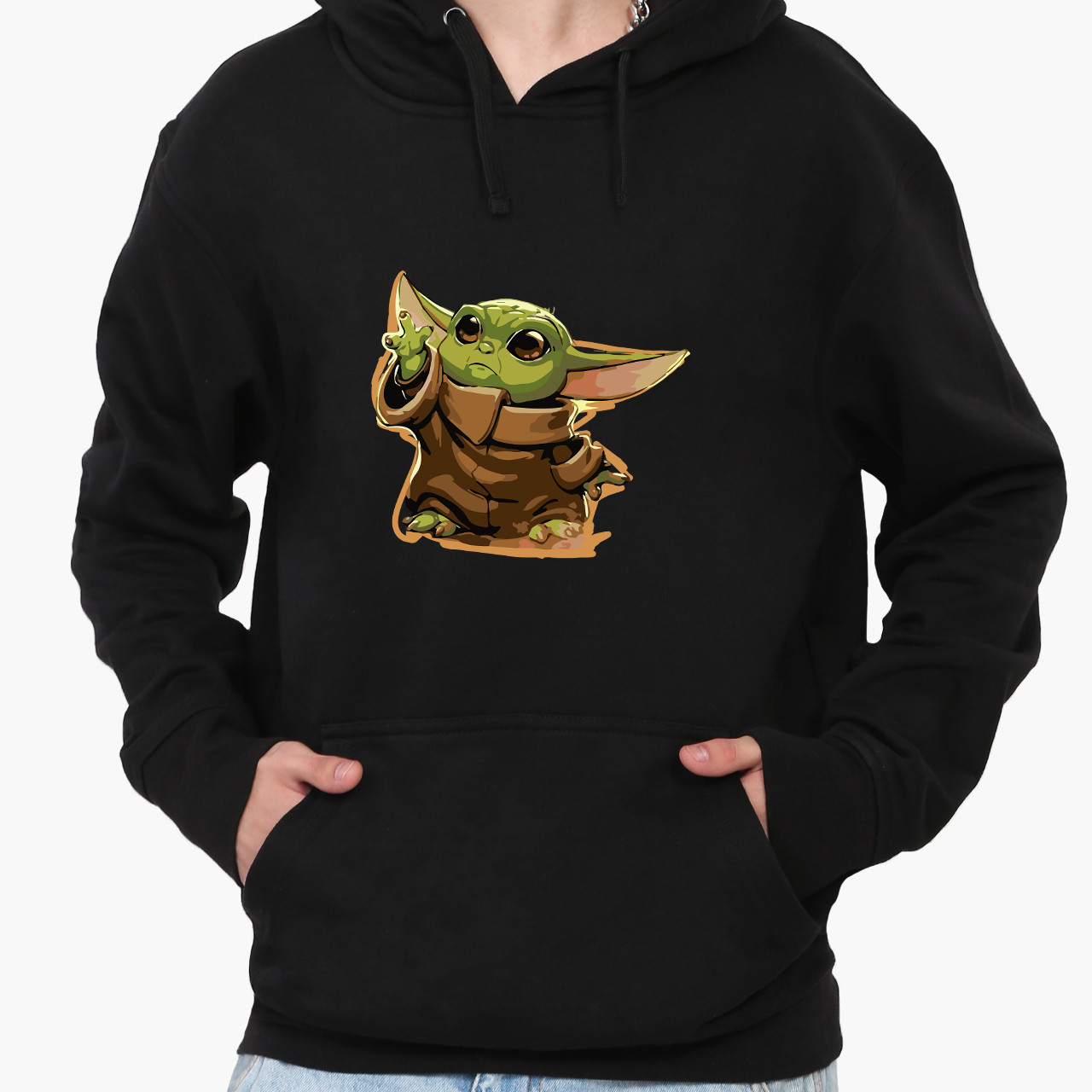 Худі чоловічий Грогу Бейбі Йоду (Grogu Baby Yoda The Mandalorian) Кенгуру  Чорний