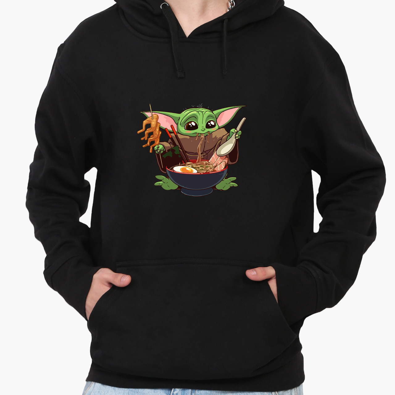 Худі чоловічий Грогу Бейбі Йоду (Grogu Baby Yoda The Mandalorian) Кенгуру  Чорний