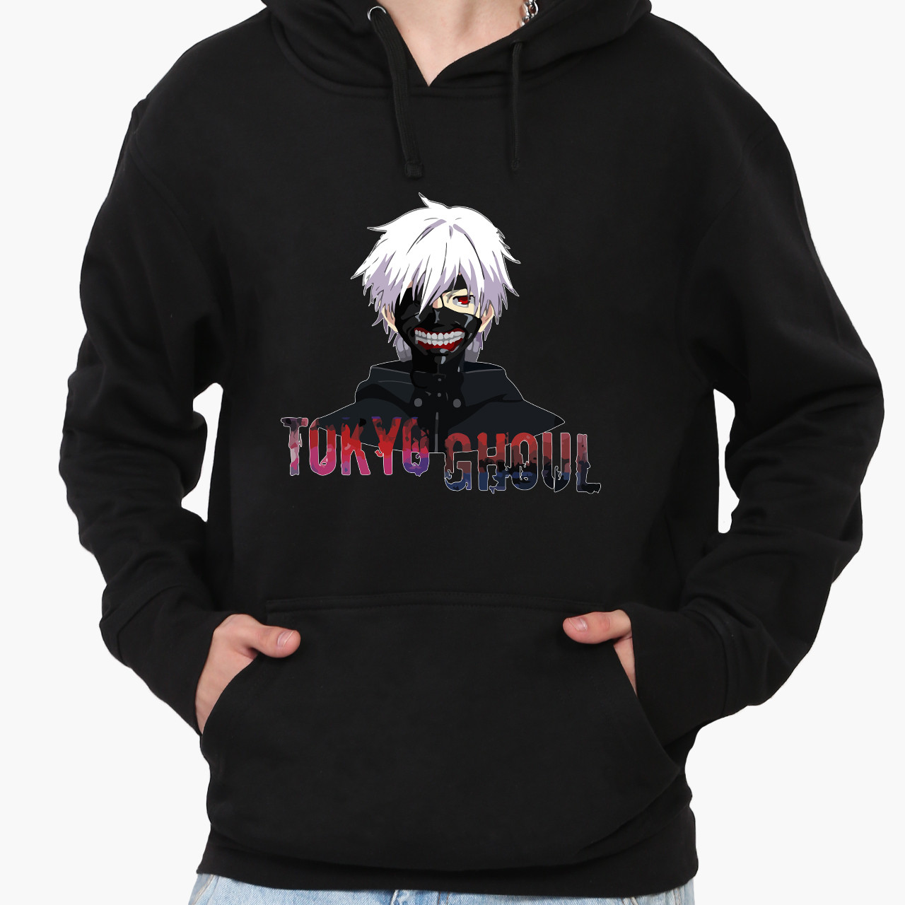 Худі чоловічий Токійський гуль Кен Канэки (Tokyo Ghoul) Кенгуру  Чорний