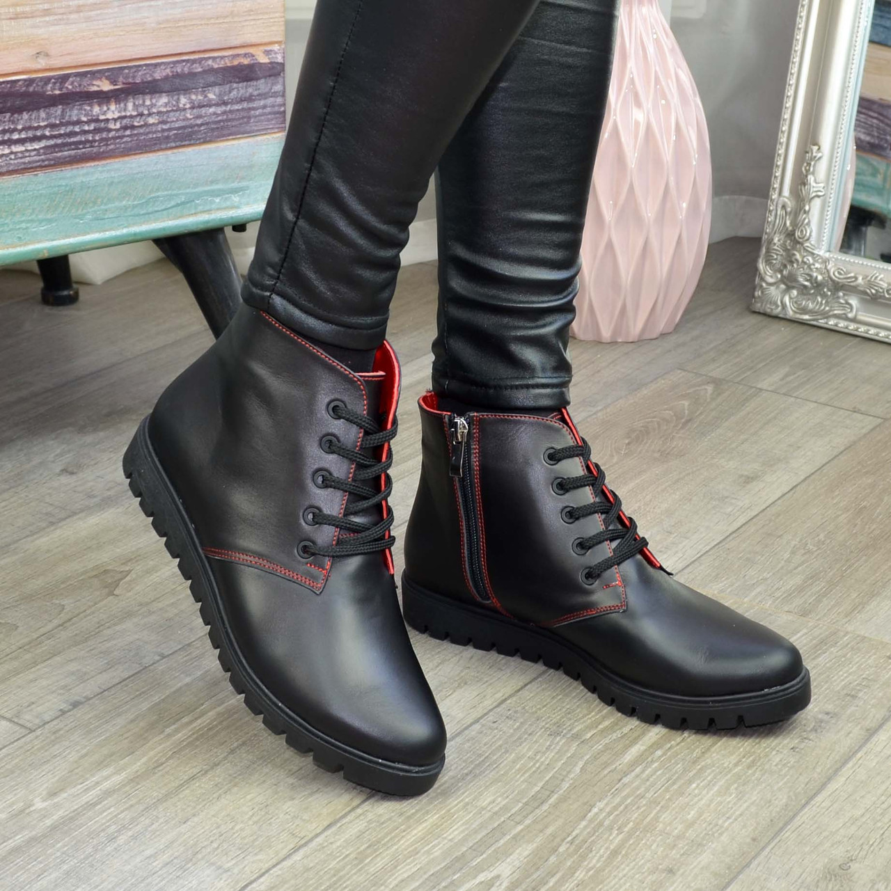 Черевики жіночі шкіряні на шнурівці, колір чорний/червоний, фото 1