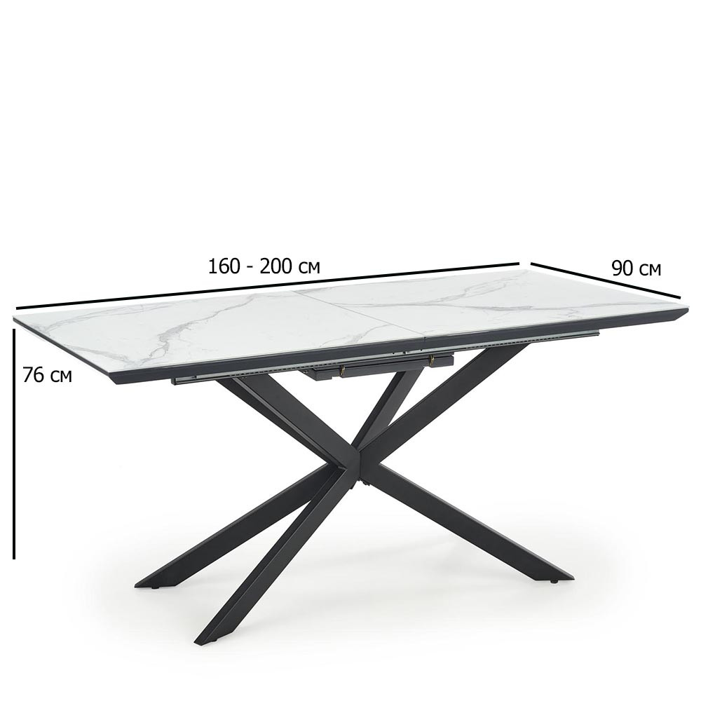 Обідній розкладний прямокутний стіл Halmar Diesel 160-200х90 см білий мармур для кухні на чорних ніжках