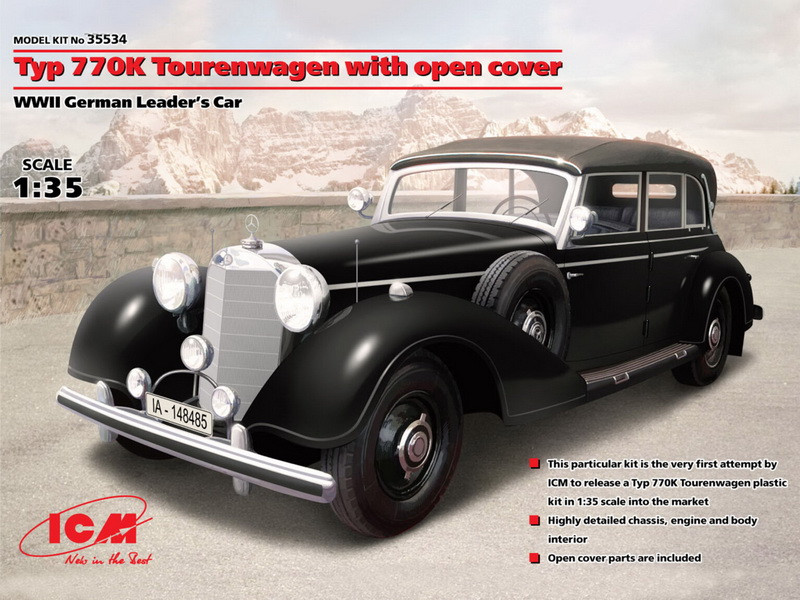 Пластикова модель 1/35 ICM 35534 німецький легковий автомобіль Typ 770K Tourenwagen з відкритим тентом, фото 1