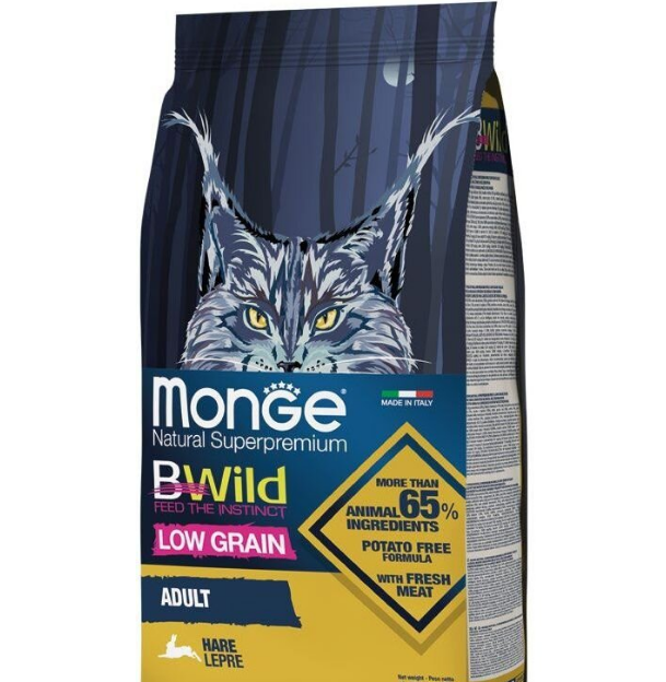 Сухий низкозьерновой корм з м'яса зайця для дорослих кішок 10 кг Monge Cat Bwild Low Grain Hare meat