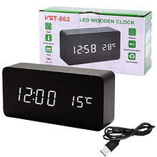 Годинник мережеві VST-862-6 білі, (корпус чорний) температура, USB (80 шт/ящ)