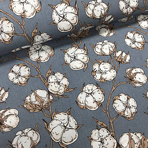 Тканина польська бавовняна, коричневі гілочки білої бавовни на графітовому. (0332)