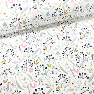 Тканина Польська бавовняна, різнобарвні рослини із синіми кружечками на білому.(0348)