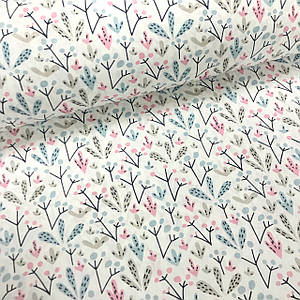 Тканина Польська бавовняна, рожево-блакитні рослини на чорних гілочках на білому. (0340)