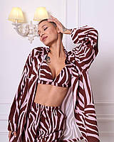 Пижама женская из софта принт зебра брюки рубашка и бра костюм для дома и сна цвет коричневый