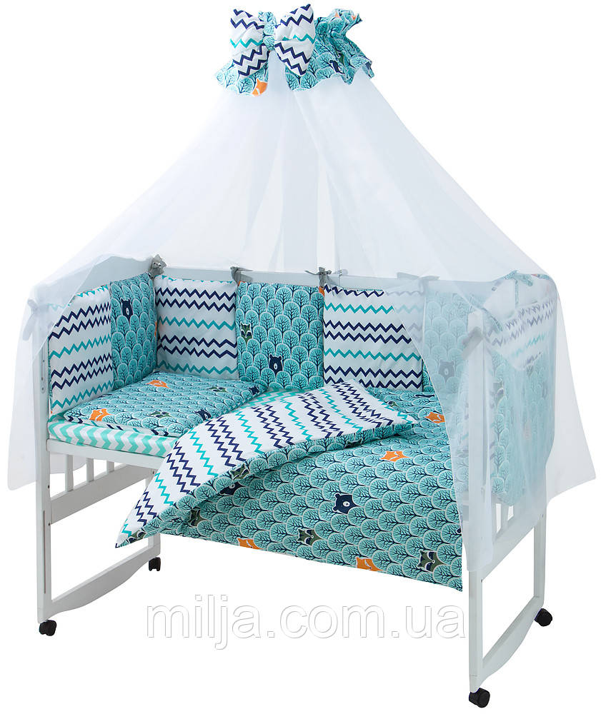 Дитяча постіль Babyroom Classic Bortiki-01 (8 елементів) бірюзовий (ліс)