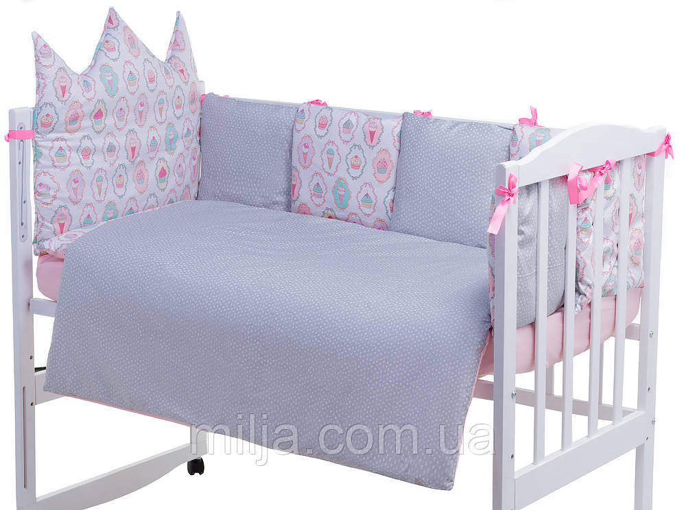 Дитяча постіль Babyroom Classic Bortiki-01 (6 елементів) рожевий-білий-сірий (кекси)